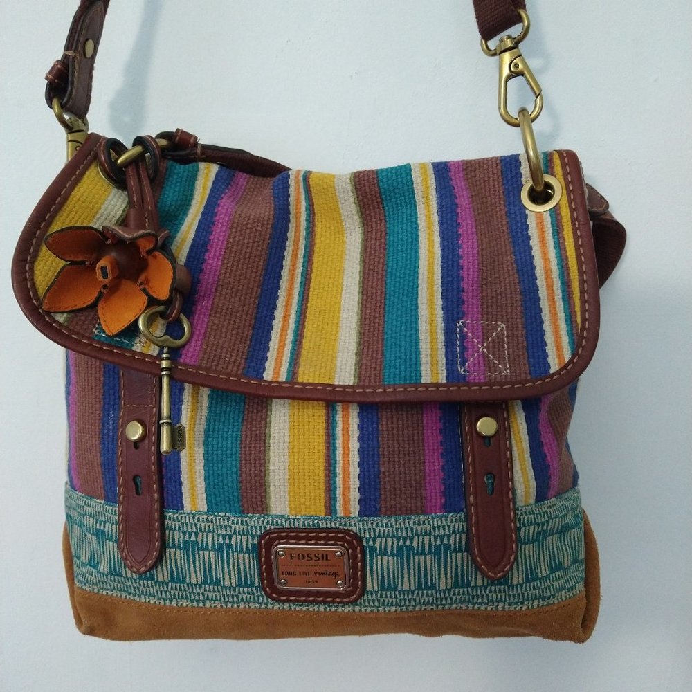 Fossil Long Live Vintage Colorful Striped Coated Canvas Messenger Crossb…